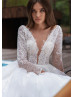 Long Sleeve Ivory Lace Tulle Beaded Wedding Dress